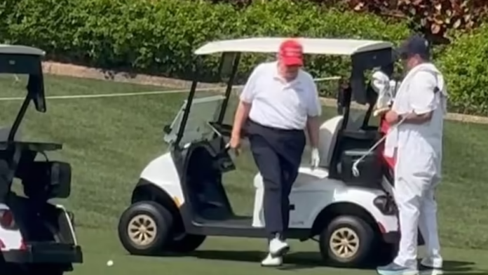 President Trump, in the now-viral footage, appeared to drag his right leg as he exited the golf cart, with many social media users now alleging his legs appeared to be 'far from stable', 'wobbly' and 'pigeon-toed'