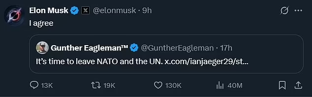 Billionaire Elon Musk reposted a message calling for the US to leave NATO and the UN, adding 'I agree'

